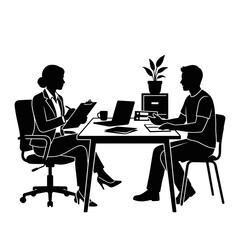 Fototapeta premium Professional woman conducts an interview with a candidate seated across a clean office desk.