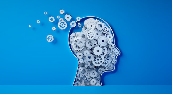 Conceptual artwork showing a 3D silhouette of a head with gear mechanics showing losing memory and intelligence against blue wall