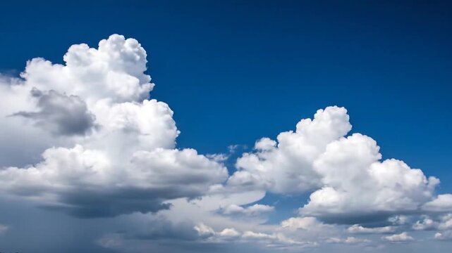 Dramatic blue sky with towering white cumulus clouds and dark grey storm clouds forming on the left horizon Keywords: sky, blue sky, clouds, white clouds, cumulus clouds, storm clouds, dark clouds