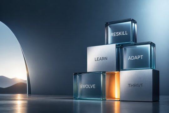 Reskilling concept with glowing glass blocks for learning and career growth