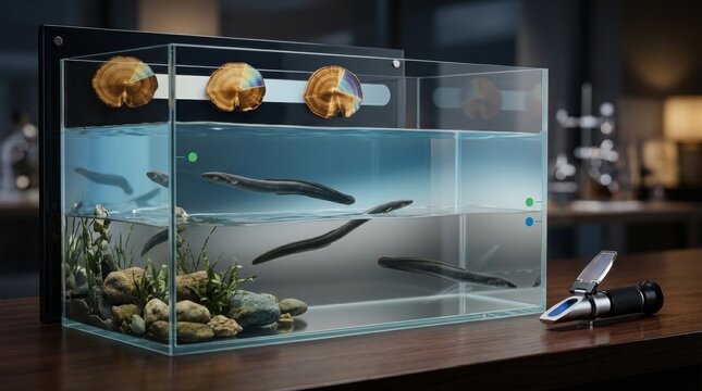 Transparent river-to-sea gradient in a glass tank with European eels, amber otolith cross sections, salinity markers, and a refractometer beside blue freshwater and silver-gray brackish layers