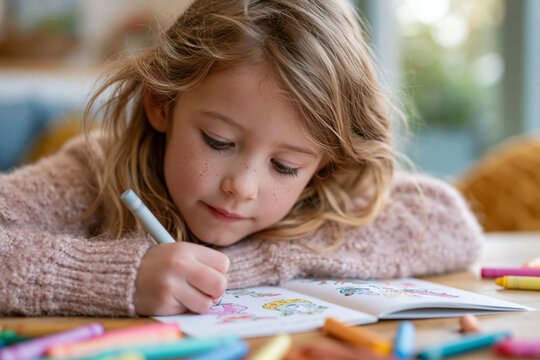 Soft light bathes a child drawing. Curious eyes follow pencil strokes with quiet focus. Colorful crayons lie scattered nearby. Warm sweater hugs her shoulders gently