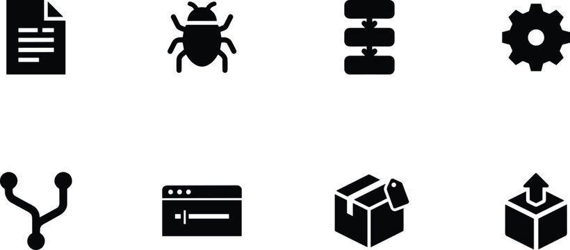 Software development and programming vector silhouette icon set for coding, debugging, and application deployment