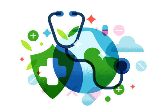 Global world health concept vector illustration. Earth planet globe with stethoscope, protective shield, medical crosses
