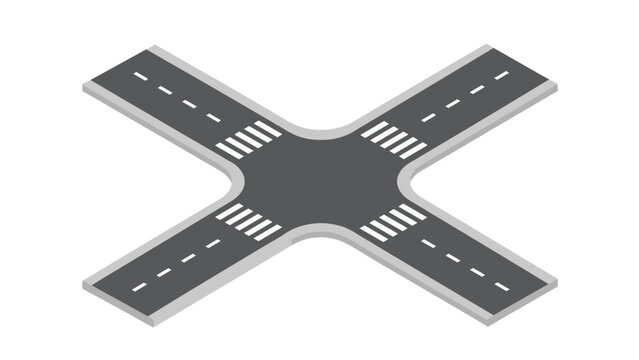 Isometric four way road intersection with crosswalk markings
