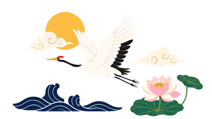 Fototapeta premium Flying crane with sun, clouds, waves, and lotus illustration
