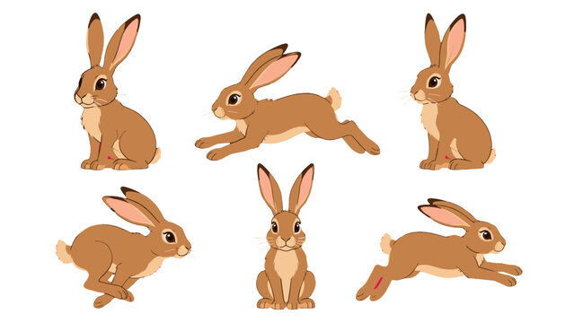Set of brown rabbit characters in multiple standing and running poses