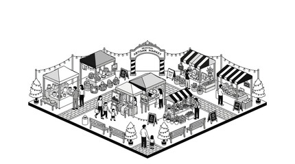 Fototapeta premium Outdoor Farmers Market Scene Isometric Illustration