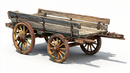 Obraz premium Antique wooden wagon with weathered wheels, rustic farm cart for historical display or decoration