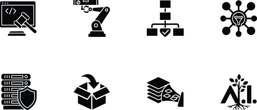 Solid black vector icon set for artificial intelligence, data processing, cybersecurity, legal tech, and industrial automation