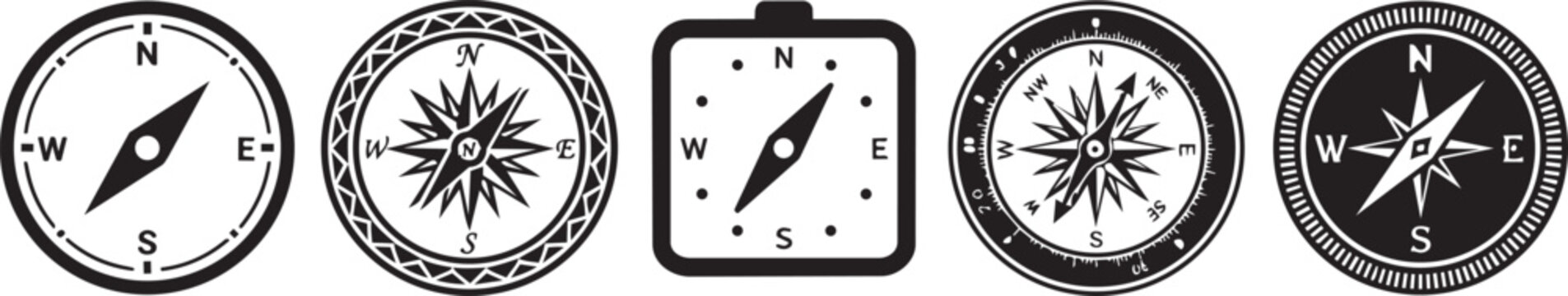 Collection of vintage and modern compass icons on white background representing navigation and direction