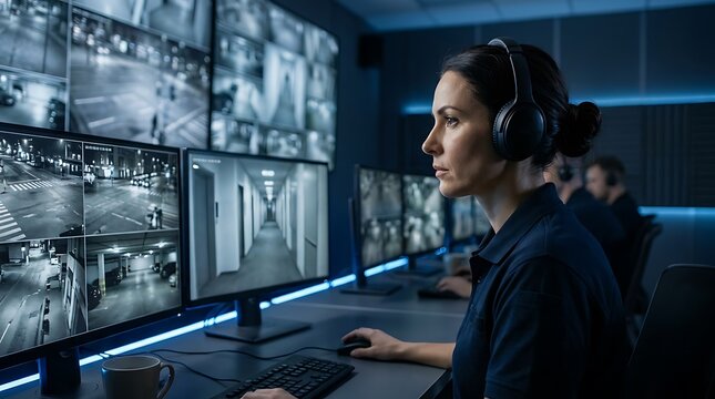 Security personnel monitor multiple screens displaying various surveillance footage in a control room.
