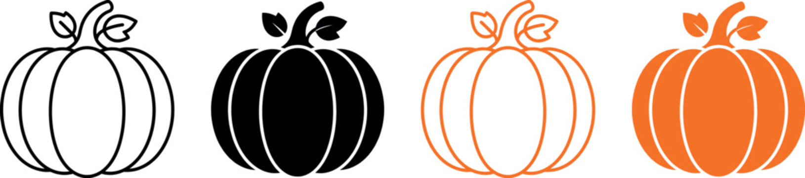 A horizontal collection of four pumpkin icons featuring different styles including black outline, solid black, orange outline, and solid orange flat graphic designs