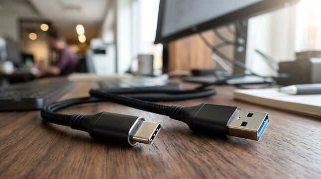 Black usb type c cable and usb connector on a desk in a modern office workspace.