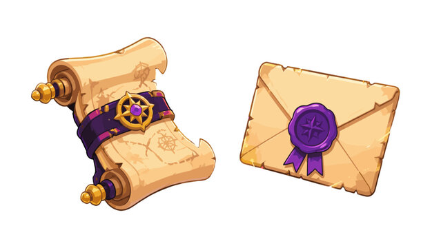 Cartoon fantasy scroll and sealed envelope icon set