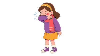 Illustration of a sick girl coughing into her elbow