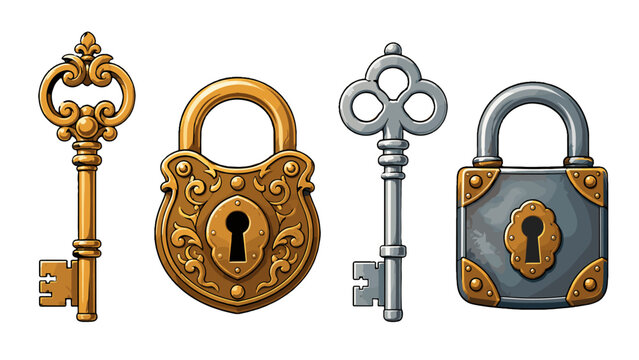 Vintage ornate keys and padlocks vector set on white