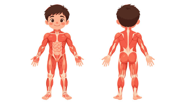 Child muscular system anatomy illustration with front and back views