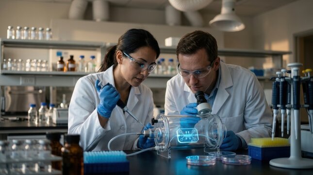 Focused biomedical researchers in lab coats inspect a transparent aerosol chamber, petri dishes, and a lung-on-chip microfluidic device glowing under blue light; glass vials, pipette tips, and HEPA