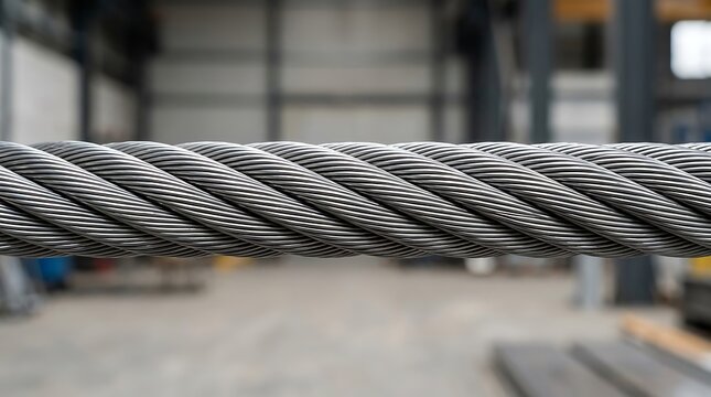 Strong steel wire rope cable in a industrial factory setting.