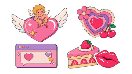 Obraz premium Retro pink heart and cupid sticker set with cake and cherries