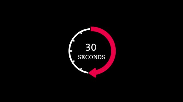 30 seconds countdown timer animation with white clock dial and red progress arrow on black background.