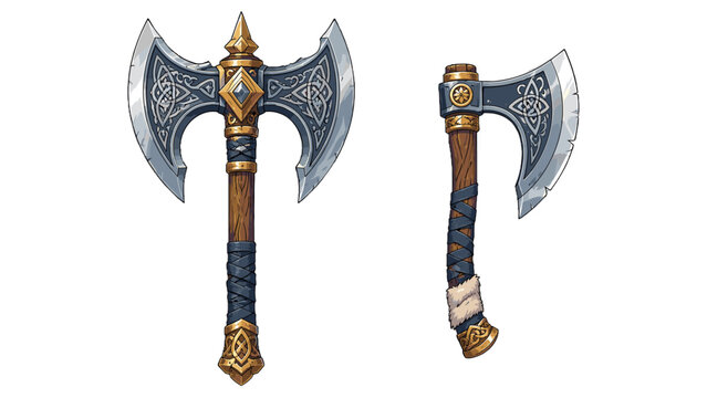 Ornate fantasy battle axe and hatchet vector illustration