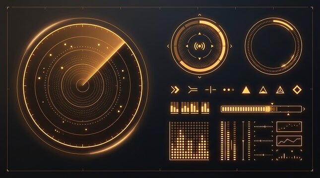 Futuristic radar screen interface with HUD elements, golden digital sonar display, high-tech data visualization dashboard for military and sci-fi gaming
