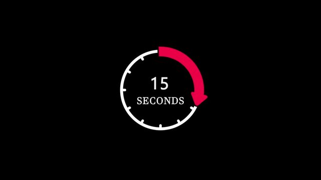15 seconds countdown timer animation with white clock dial and red progress arrow on black background.