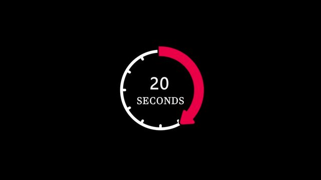 20 seconds countdown timer animation with white clock dial and red progress arrow on black background.