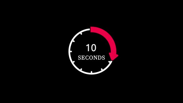 10 seconds countdown timer animation with white clock dial and red progress arrow on black background.