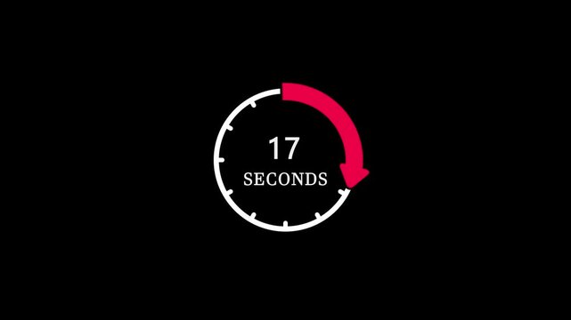 17 seconds countdown timer animation with white clock dial and red progress arrow on black background.