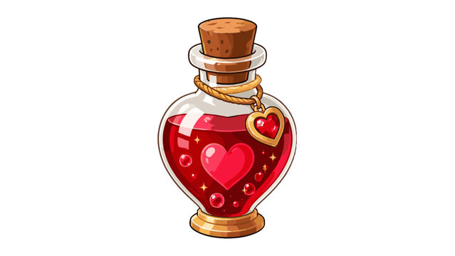 Heart shaped potion bottle with red liquid and cork stopper