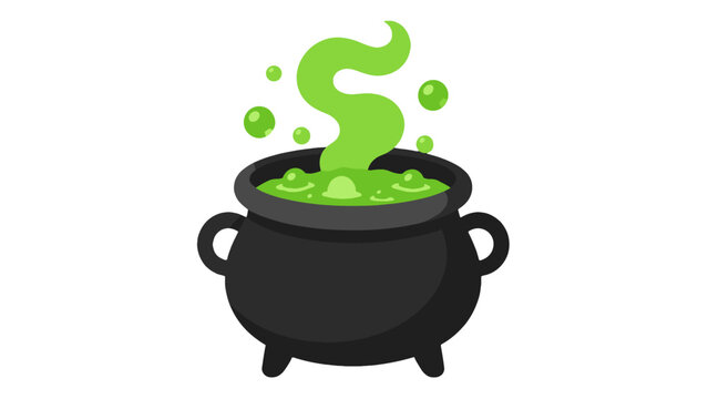Black cauldron with bubbling green potion cartoon vector icon