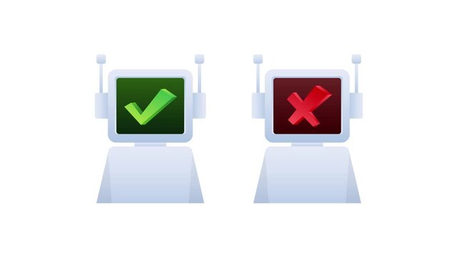 Animated robots displaying correct and incorrect symbols on screens