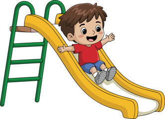 Smiling schoolboy enjoying playtime on a yellow and blue plastic slide isolated on white background © MDSOJIB