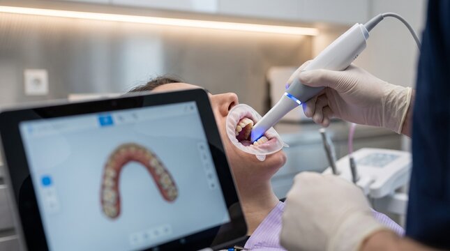 Patient undergoing intraoral 3D dental scan with digital impression scanner, cheek retractor and teeth model displayed on monitor in modern clinic