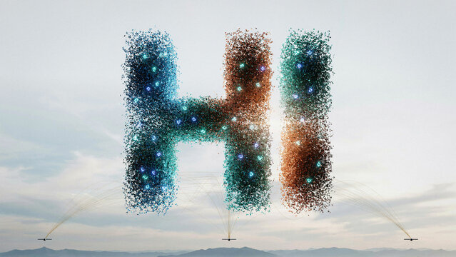 Dynamic drone swarm illuminates the sky, forming a vibrant 'HI' greeting, showcasing future communication technology