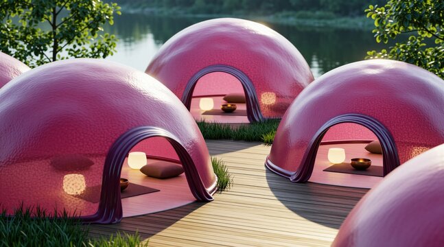 Organic futuristic domes with soft light for meditation or relaxation. Domes create serene atmosphere next to water. Peaceful natural setting with calm ambience.