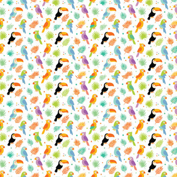 Seamless Tropical Pattern with Colorful Exotic Birds, Cute Cartoon Toucans and Parrots with Jungle Leaves and Feathers Vector Illustration Background