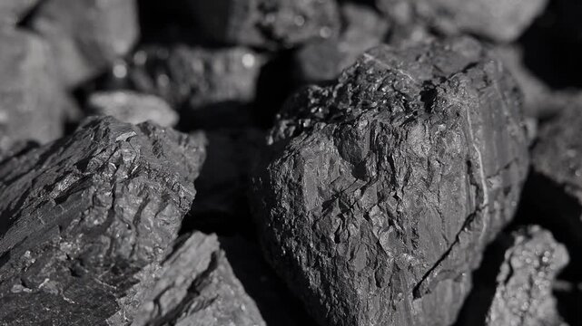 Slow pan of coal chunks piled in industrial mine yard outdoors with close tracking movement and smooth motion. tracking shot.