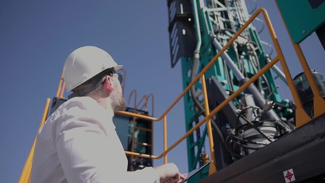 Tracking shot of engineer inspecting drilling rig platform and checking tablet on industrial construction site from low angle handheld tilt.