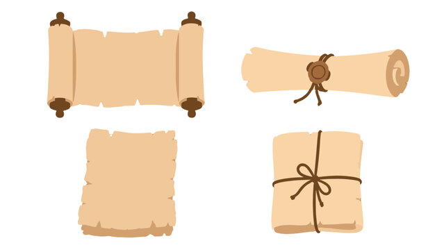 Set of antique parchment scrolls and rolled manuscript sheets
