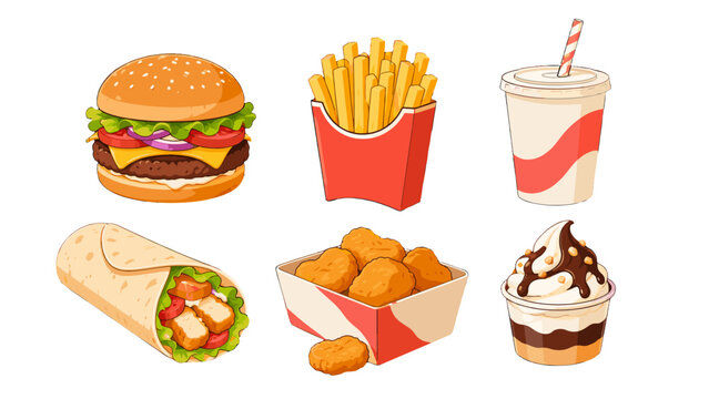 Fast food menu set with burger fries drink wrap nuggets dessert