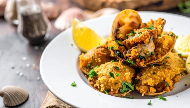 Close up of stuffed clams with lemon garnish detail.
