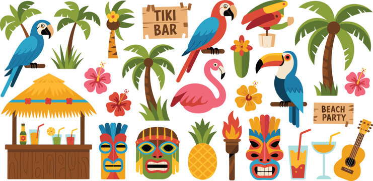 Vibrant tropical tiki bar and beach party vector element set with exotic birds palm trees cocktails and hawaiian decorations
