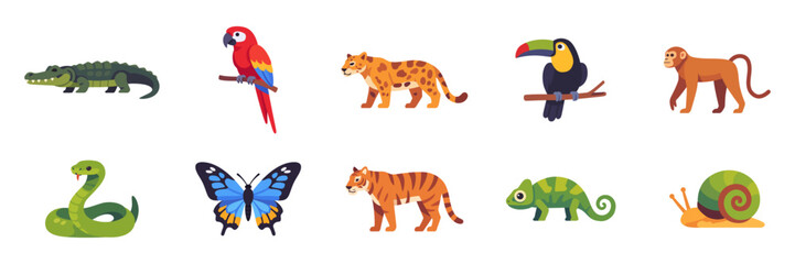 Fototapeta premium Set of tropical jungle wildlife icons with wild mammals, reptiles, birds, butterfly, snail, and exotic rainforest fauna, colorful collection with illustrations