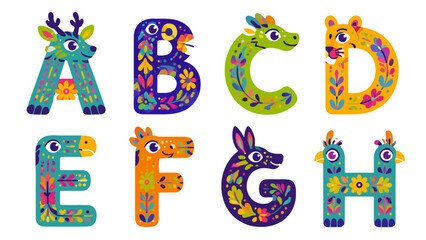 Naklejka premium Colorful animal alphabet letters A to H in folk art style