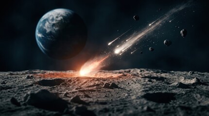 Fototapeta premium Moody space-science composition with Earth half in shadow, a bright meteor stream, scattered asteroids, and a glowing impact plume above a rocky moon surface, suggesting celestial forces, deep time