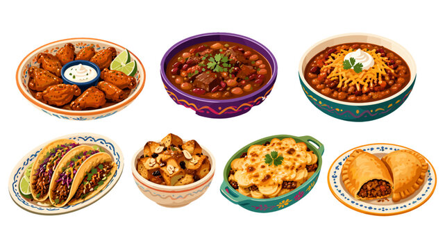 Mexican food vector set with tacos, wings, chili and empanadas